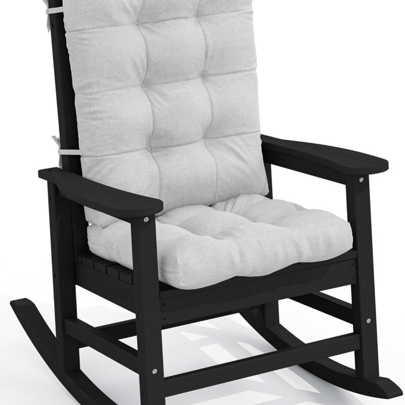 SERWALL SEWALL Oversized Cushioned Outdoor Rocking Chair, HDPE Rocker with Cushion, Patio Rocking Chairs for Porch, Black Chair+Gray Cushion