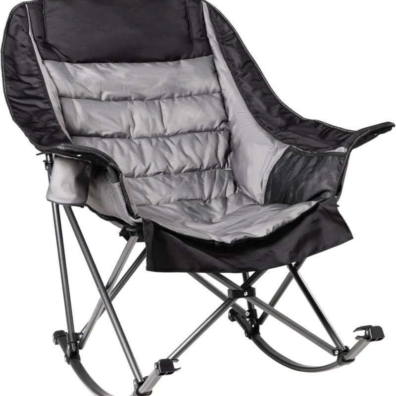 Oversized Rocking Camping Chair for Adults - 400lbs Capacity Padded Camp Chair with Cup Holder, Portable Foldable Outdoor Rocker Chair for Camping, Backyard, Patio (Black & Gray)