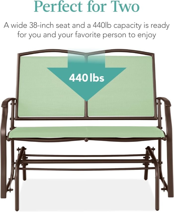 Best Choice Products 2-Person Outdoor Patio Swing Glider Steel Bench Loveseat Rocker for Deck, Porch w/Textilene Fabric, Steel Frame - Sage Green/Brown - Image 6