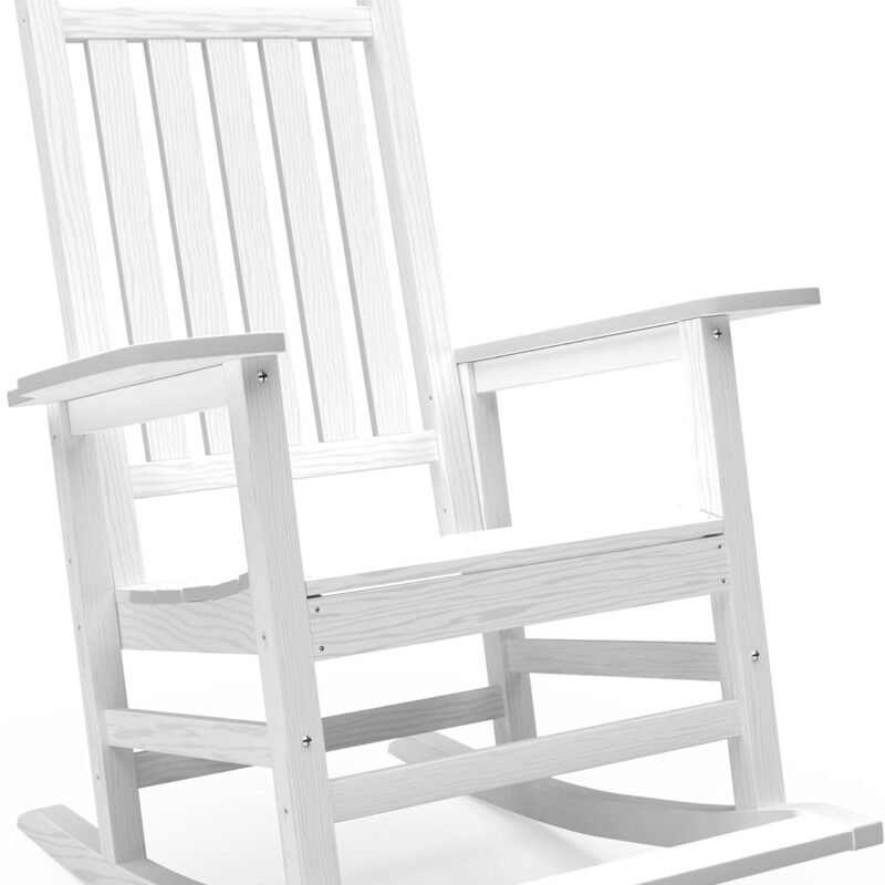 Outdoor Rocking Chair, HDPE Patio Rocking Chairs with Footboard, All Weather Porch Rockers Outdoor for Adult, Effortless Installation, White