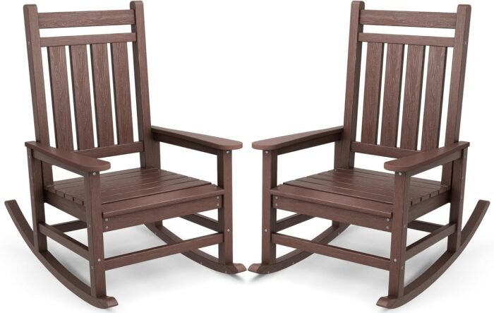 SEWALL Oversized Outdoor Rocking Chair Set of 2, HDPE Rocking Chair for Adults, Patio Rocking Chairs for Porch, Brown