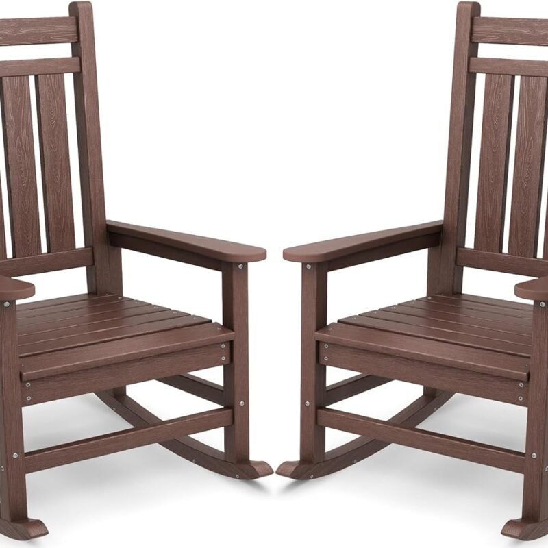 SEWALL Oversized Outdoor Rocking Chair Set of 2, HDPE Rocking Chair for Adults, Patio Rocking Chairs for Porch, Brown