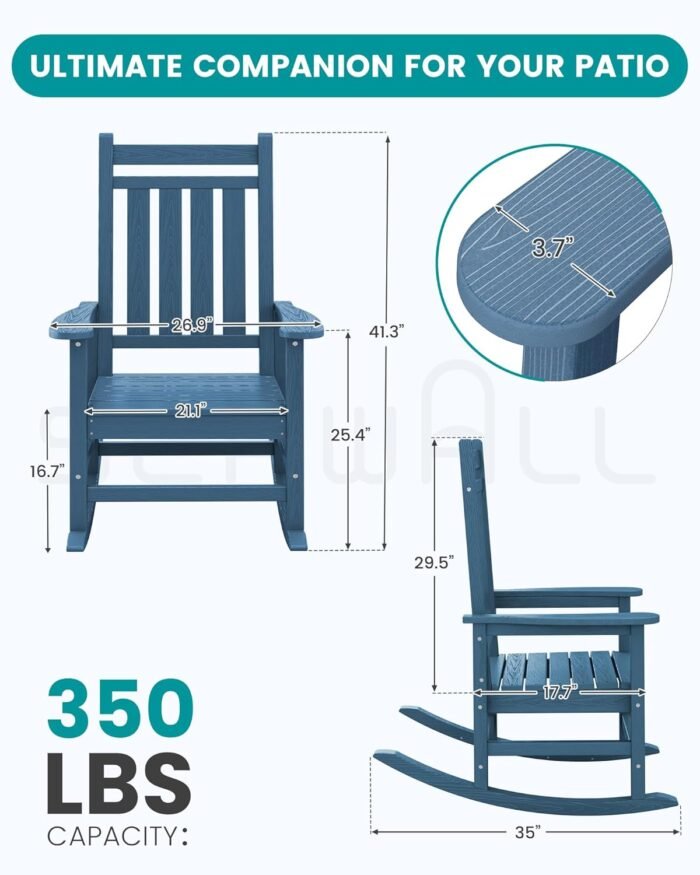SEWALL Oversized Outdoor Rocking Chair Set of 2, HDPE Rocking Chair for Adults, Patio Rocking Chairs for Porch, Blue - Image 3