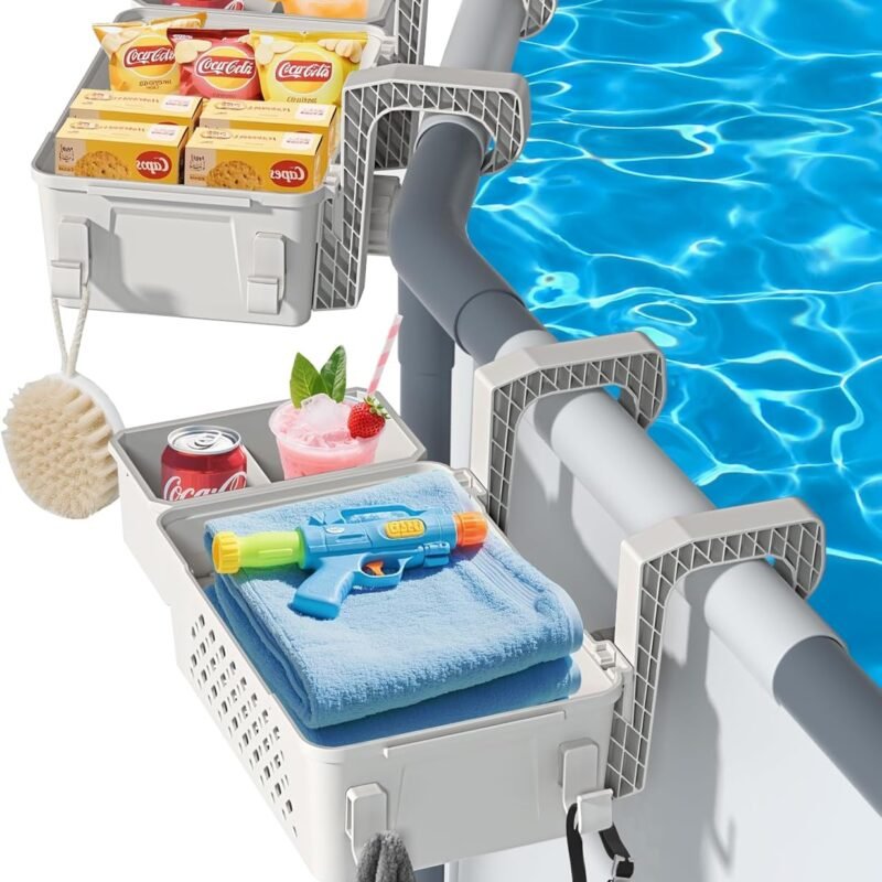 【2025 Upgrade】 2 Sets Poolside Storage Basket with Cup Holders, Above Ground Pool Accessories, Swimming Pool Storage Basket 3-in-1 Functionality, Fits 3 Inch or Less Top Rail ( Beige, 2Pcs )