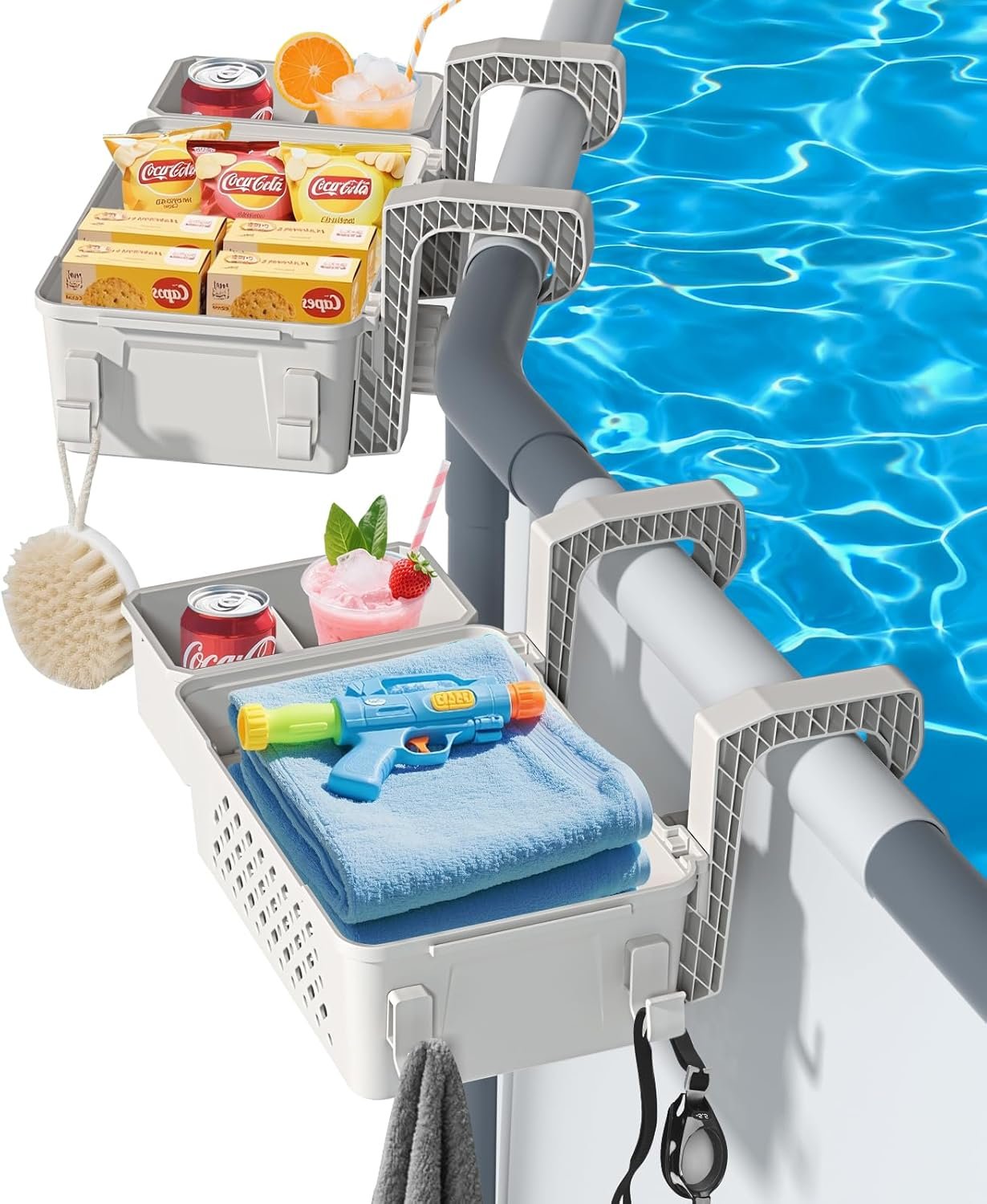 【2025 Upgrade】 2 Sets Poolside Storage Basket with Cup Holders, Above Ground Pool Accessories, Swimming Pool Storage Basket 3-in-1 Functionality, Fits 3 Inch or Less Top Rail ( Beige, 2Pcs )