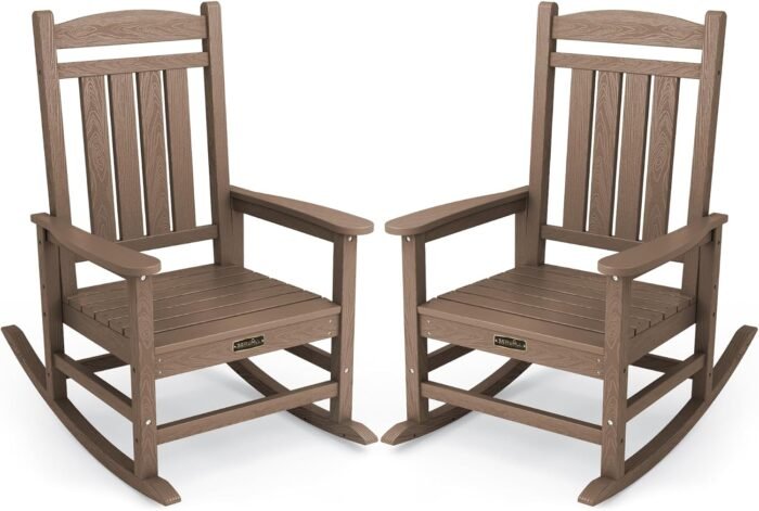SERWALL Outdoor Rocking Chair Set of 2, HDPE Patio Rocking Chair All-Weather Porch Rocker for Balcony, Yard, Brown