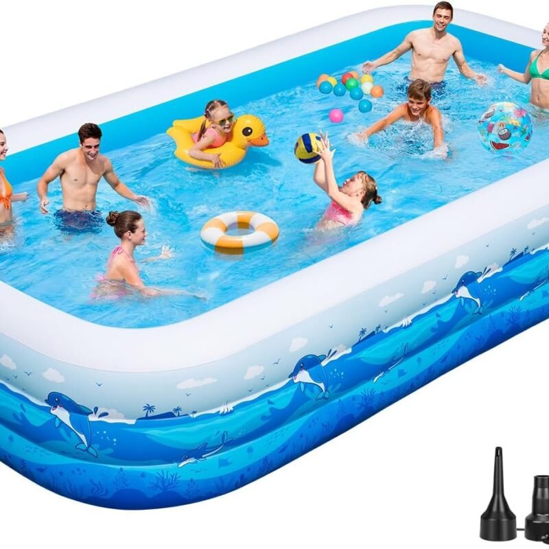 Large Inflatable Pool with Pump, 130"x72"x22" Full-Sized Blow Up Pool with 0.6mm PVC & Cute Animal Print, Big Family Swimming Pool for Backyard Outdoor Summer Water Party