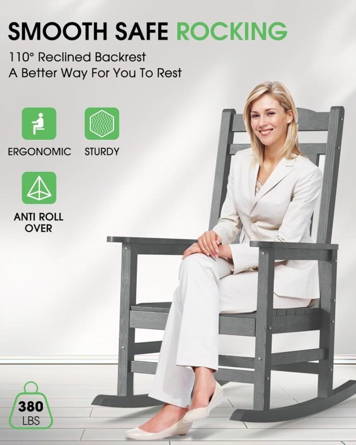 Oversized Outdoor Rocking Chair, High Back Porch Rocker Chair, HDPE All Weather Resistant Rocking Chairs for Patio, 380lbs Weight Capacity, Grey - Image 4