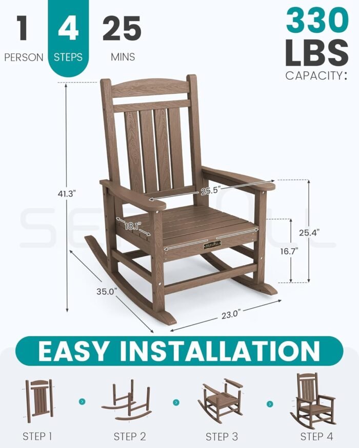 SERWALL Outdoor Rocking Chair Set of 2, HDPE Patio Rocking Chair All-Weather Porch Rocker for Balcony, Yard, Brown - Image 3