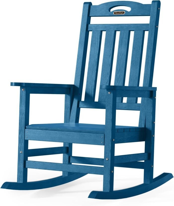 Oversized Outdoor Rocking Chair, High Back Porch Rocker Chair, HDPE All Weather Resistant Rocking Chairs for Patio, 380lbs Weight Capacity, Navy Blue