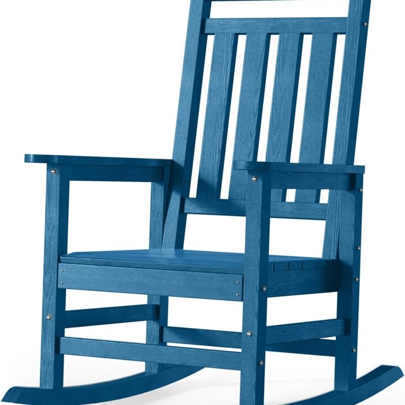 Oversized Outdoor Rocking Chair, High Back Porch Rocker Chair, HDPE All Weather Resistant Rocking Chairs for Patio, 380lbs Weight Capacity, Navy Blue