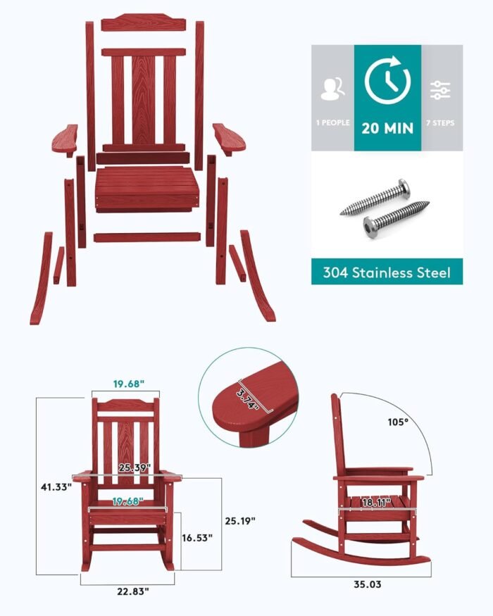 SERWALL HDPE Rocking Chair Set of 2, All Weather Patio Rocking Chair, HDPE Poly Rocking Chair for Adults, Heavy Duty Front Porch Rocker, Red - Image 4