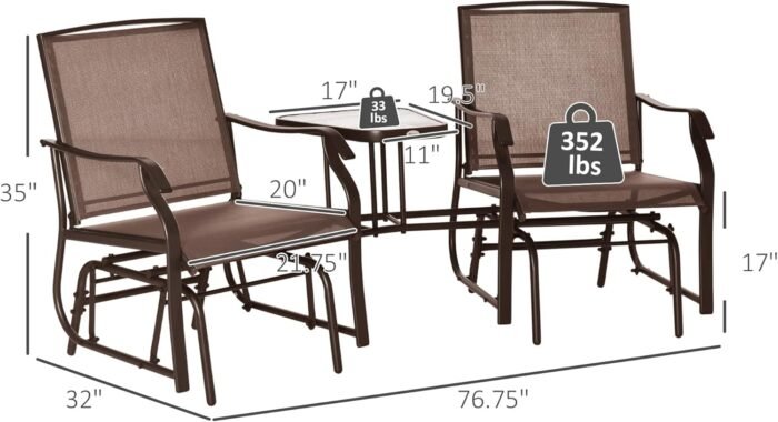 Outsunny Outdoor Glider Chairs with Coffee Table, Patio 2-Seat Rocking Chair Swing Loveseat with Breathable Sling for Backyard, Garden, and Porch, Coffee Brown - Image 3