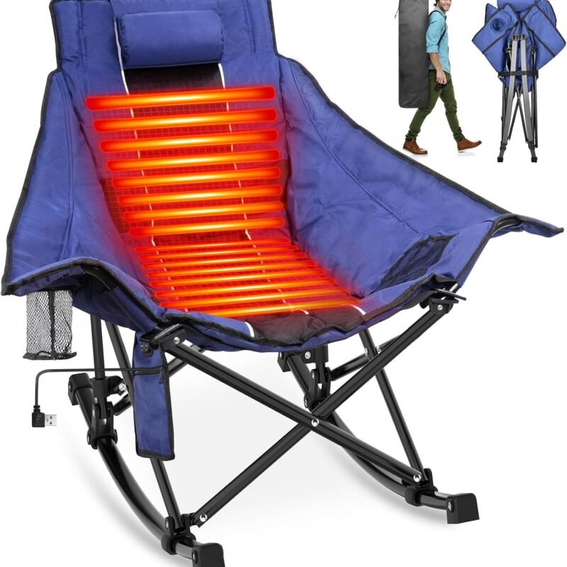 Suteck Heated Rocking Camping Chair, XL Oversized Rocking Chair Outdoor with 3 Heat Levels for Back and Seat, Heated Chairs Outdoor Sports for Patio Lawn Picnic Travel, Power Bank(Not Included)