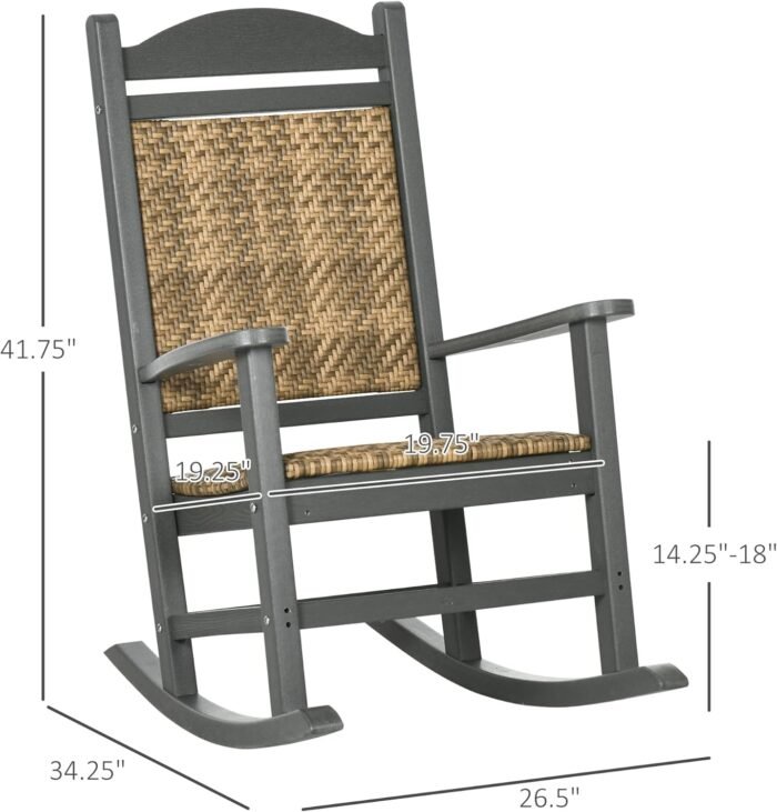 Outsunny Outdoor Rocking Chair, Traditional Wicker Porch Rocker w/Soft Padded Seat, Breathable Backrest, Fade-Resistant Waterproof HDPE Frame with PE Rattan for Indoor & Outdoor, Dark Gray - Image 3