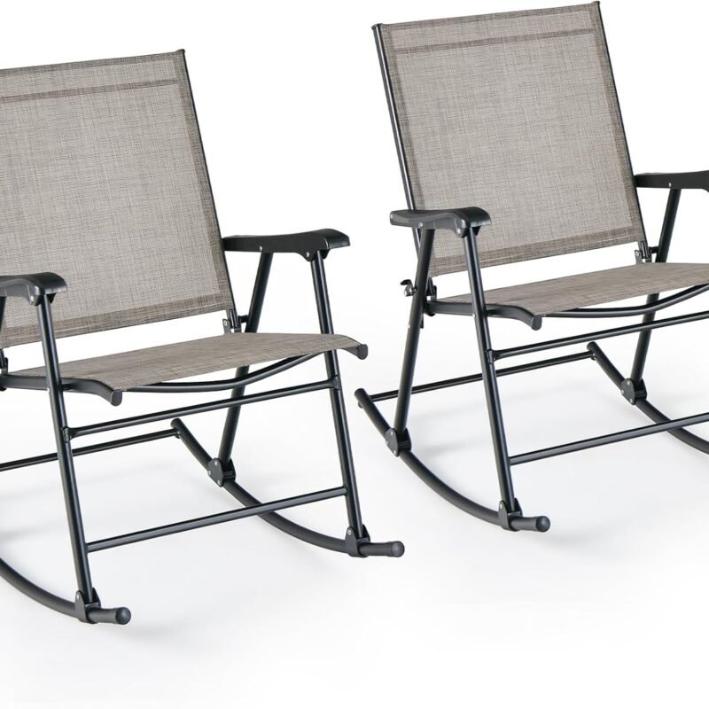 Tangkula Folding Rocking Chairs Set of 2, Patio Rockers with Breathable Seat Fabric & Sturdy Metal Frame, Smooth Rocking Motion, Heavy-Duty Outdoor Rocker for Backyard, Front Porch
