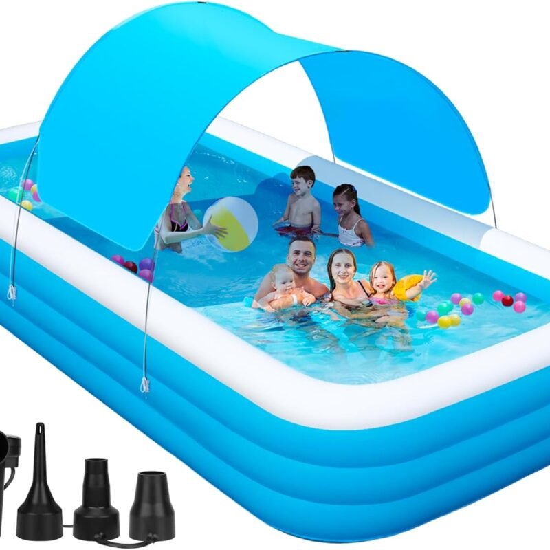 Large Inflatable Pool with Canopy - 145'' x 74'' x 22'' Oversized Thickened Blow Up Pool for Family, Extra Large Swimming Pool with Pump for Backyard, Garden and Outdoor Fun