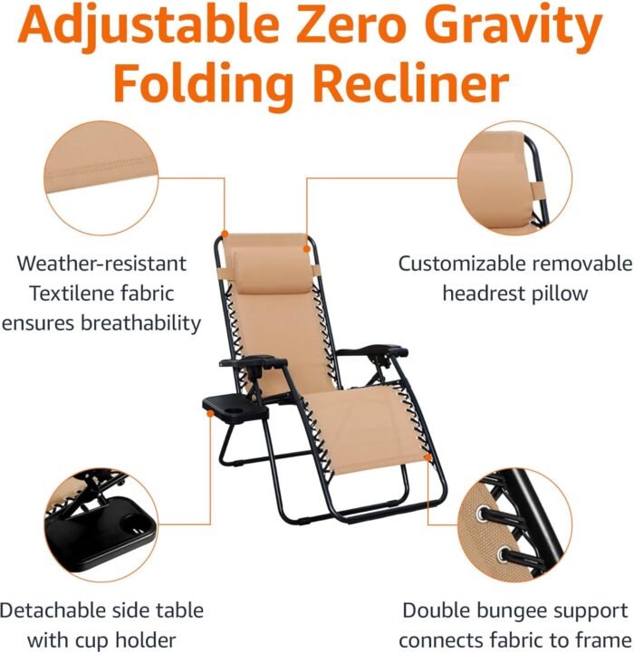 Amazon Basics Outdoor Patio Mesh Adjustable Zero Gravity Lounge Chair Recliners set of 2 with Side Table, 35 x 26 x 43 inches, Beige - Image 5