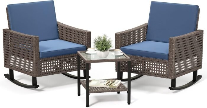 YITAHOME 3 Pieces Patio Furniture Set, Patio Wicker Chairs Outdoor Rocking Chairs Set of 2 with Rattan Side Table, Thickened Cushions, Rocker Patio Chairs Set for Porch, Poolside, and Yard, Blue