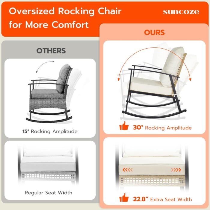 SUNCOZE 3 Piece Patio Furniture Set, Outdoor Rocking Chairs Set of 2 with Coffee Table, Patio Bistro Set Patio Rocking Chair Oversize Rattan Conversation Sets for Garden, Balcony, Backyard - Image 4