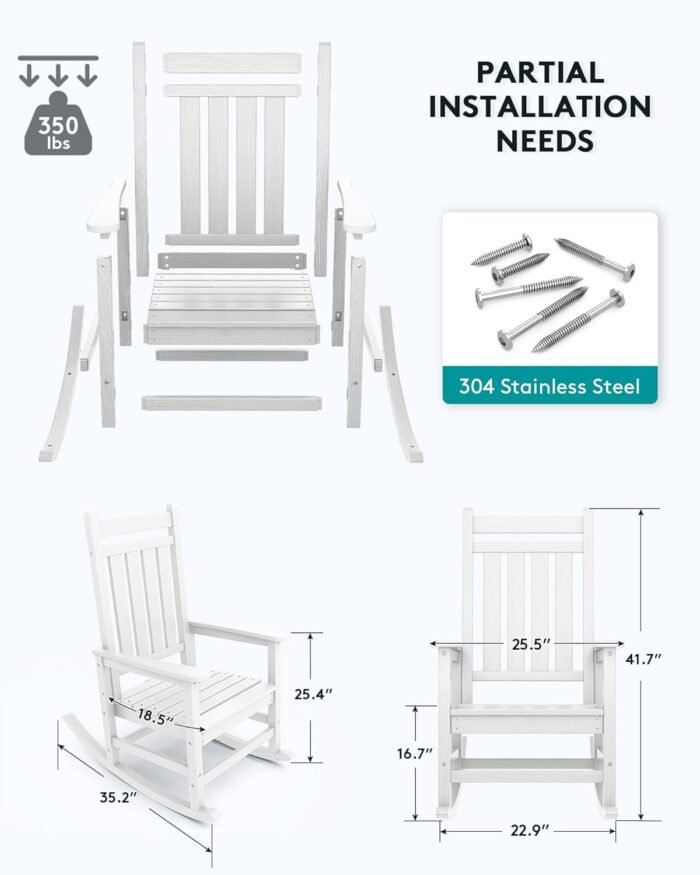 SERWALL Oversized Rocking Chair, Outdoor Rocking Chair for Adults, All Weather Resistant Porch Rocker for Lawn Garden, White - Image 3
