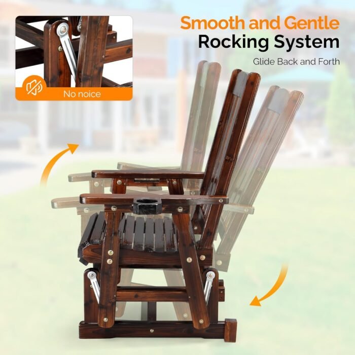 VINGLI Outdoor Glider Chair Wood Patio Glider with Cup Holder, Porch Glider with Smooth Rocking Mechanism, Heavy Duty 600 LBS, Rustic - Image 5