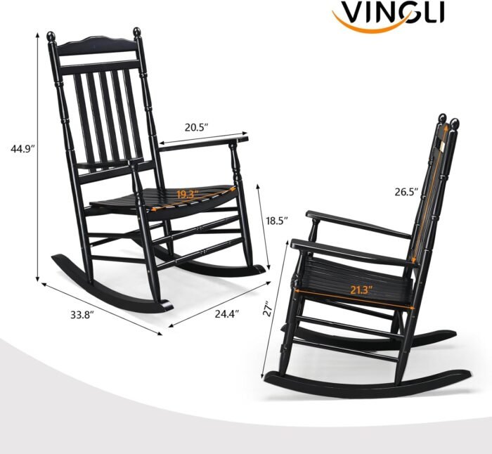VINGLI 2 PCS Wood Rocking Chair Outdoor with 450 lbs Support, Patio Rocking Chair Set of 2, Solid Wood High Back Seat Reclining Seat for Deck, Garden, Backyard, Porch, Indoor or Outdoor Use, Black - Image 3