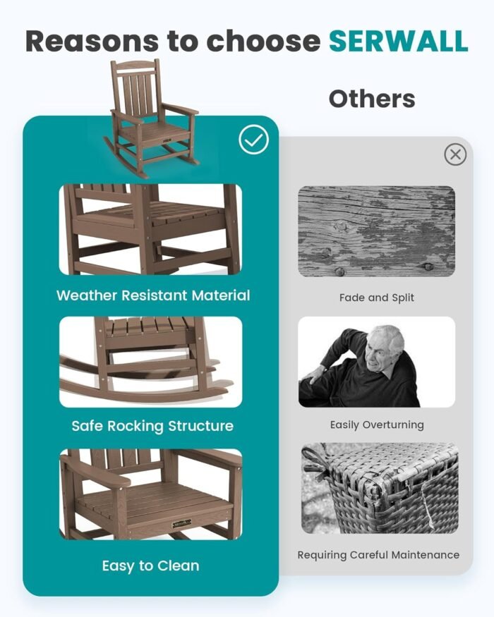 SERWALL Outdoor Rocking Chair Set of 2, HDPE Patio Rocking Chair All-Weather Porch Rocker for Balcony, Yard, Brown - Image 6