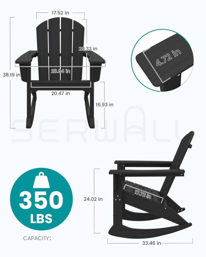 SERWALL Modern Rocking Adirondack Chair, HDPE Outdoor Rocking Chair, All Weather Patio Rocker Chair for Porch, Lawn, Garden, Backyard, Black - Image 2