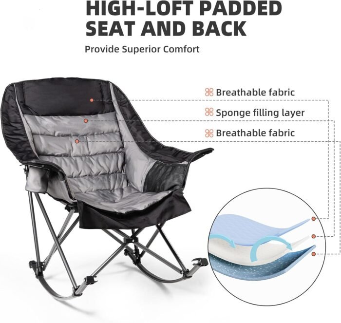 Oversized Rocking Camping Chair for Adults - 400lbs Capacity Padded Camp Chair with Cup Holder, Portable Foldable Outdoor Rocker Chair for Camping, Backyard, Patio (Black & Gray) - Image 5
