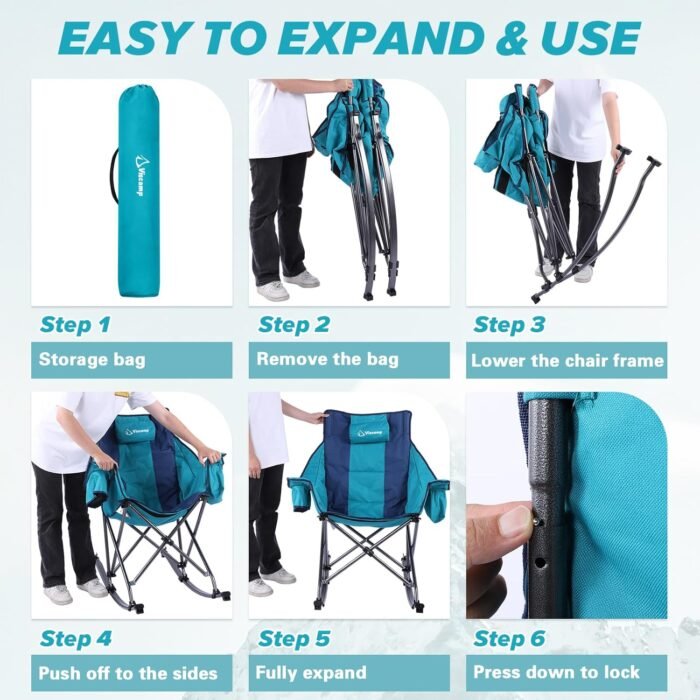 350lbs Rocking Camping Chair, Oversized Fully Padded Patio Chair Lawn Chairs With Cooler Bag Headrest and Cup Holder Rocking Chair Outdoor Folding Chairs For Outside Camping Contest(BlueGreen) - Image 4