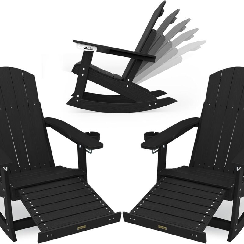 YEFU Adirondack Rocking Chairs Set of 2: with Retractable Ottoman & 5-Level Adjustable High Back - Outdoor Rocker with 2 Cup Holders Adirondack Patio Chair for Outdoor - Porch Rocking Chairs Black