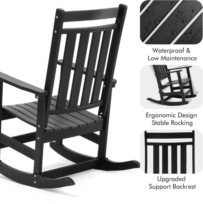 Oversized Outdoor Rocking Chair,All Weather Rocker Chair with More Comfortable Seat Panel for Porch Patio Outside(Black) - Image 5