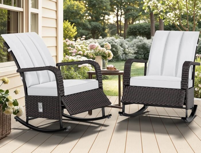 YITAHOME Outdoor Rocking Chair, Wicker Lounge Chair with Adjustment Backrest, PE Rattan Patio Recliner with Adjustable Footrest and Soft Cushions, Ideal for Garden Backyard Porch Patio - Image 3