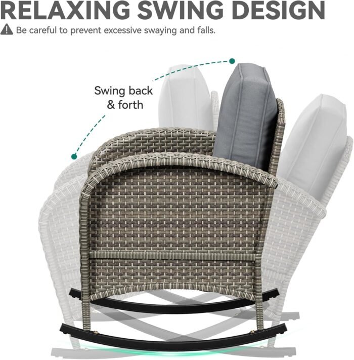 YITAHOME 3-Piece Wicker Rocking Chair Set, Outdoor Patio Furniture Set with Plush Cushions, PE Rattan Bistro Set Including Side Table for Garden, Backyard, Porch, and Patio Use, Grey - Image 4