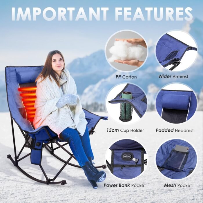 Suteck Heated Rocking Camping Chair, XL Oversized Rocking Chair Outdoor with 3 Heat Levels for Back and Seat, Heated Chairs Outdoor Sports for Patio Lawn Picnic Travel, Power Bank（Not Included） - Image 7
