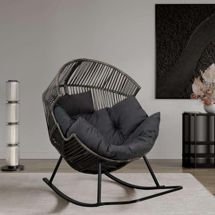 Shintenchi Wicker Egg Chair,Oversized Outdoor Indoor Rocking Chair,Large PE Rattan Rocking Chair with Cushion for Patio, Balcony, Backyard, Garden,Deep Grey - Image 4