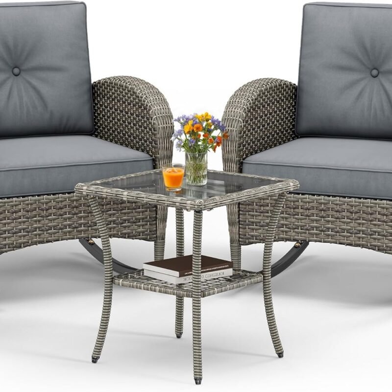 YITAHOME 3-Piece Wicker Rocking Chair Set, Outdoor Patio Furniture Set with Plush Cushions, PE Rattan Bistro Set Including Side Table for Garden, Backyard, Porch, and Patio Use, Grey