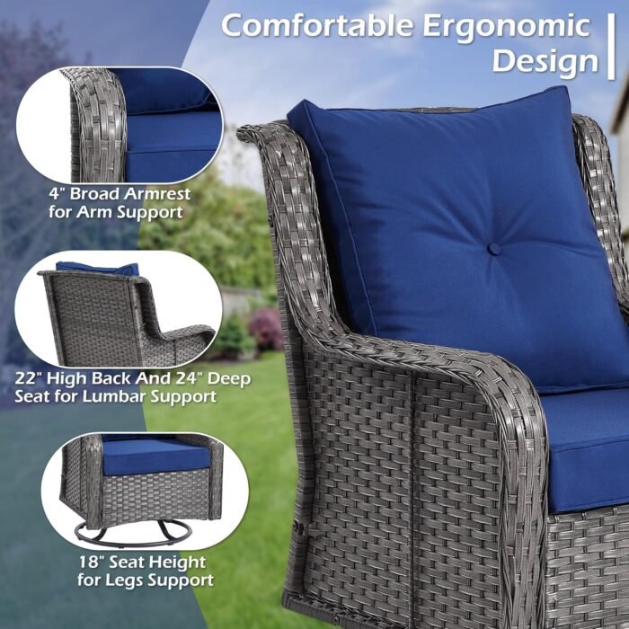 Patio Furniture Sets, 3 Pieces Wicker Outdoor Furniture - 360 Degree Swivel Rocking Chairs and Rattan Side Table for Garden,Porch,Backyard (Grey Wicker/Blue Cushion, 3PCS - Swivel Chairs) - Image 5