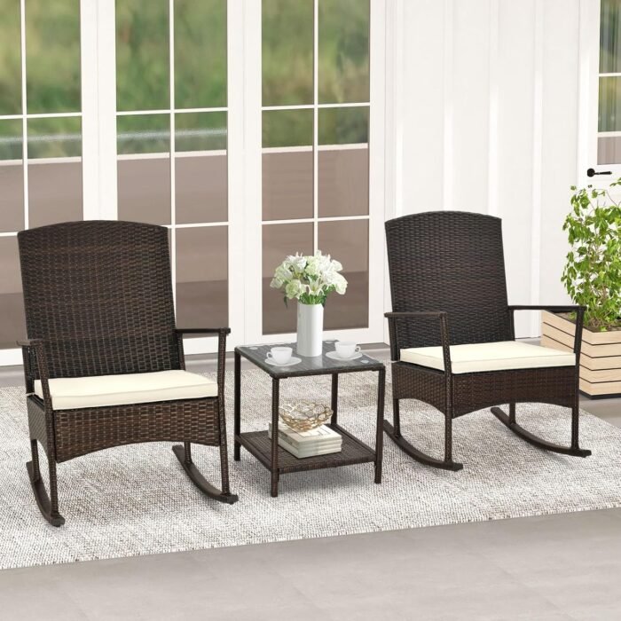 Tangkula 3 Pieces Rocking Wicker Bistro Set, Outdoor Front Porch Rocker Chairs Conversation Set with 2-Tier Tempered Glass Coffee Table and Thick Cushions for Garden, Balcony, Poolside (Off White) - Image 2