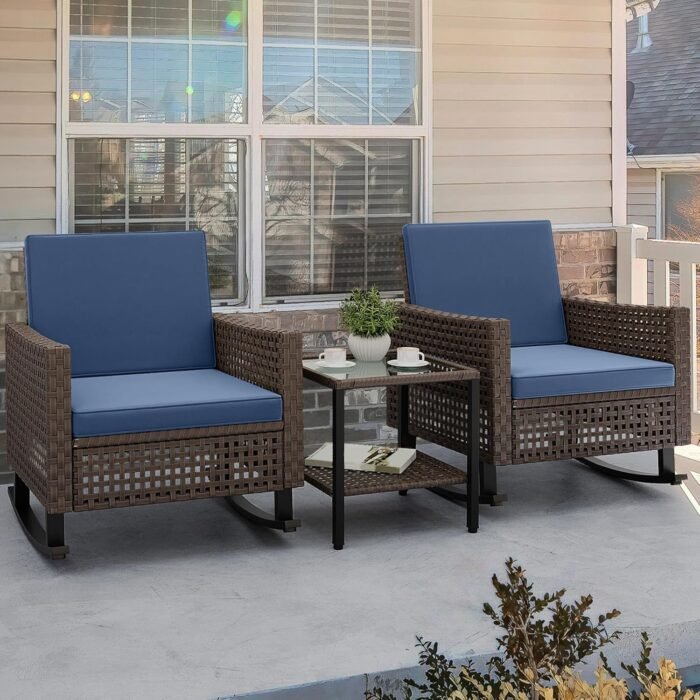 YITAHOME 3 Pieces Patio Furniture Set, Patio Wicker Chairs Outdoor Rocking Chairs Set of 2 with Rattan Side Table, Thickened Cushions, Rocker Patio Chairs Set for Porch, Poolside, and Yard, Blue - Image 3