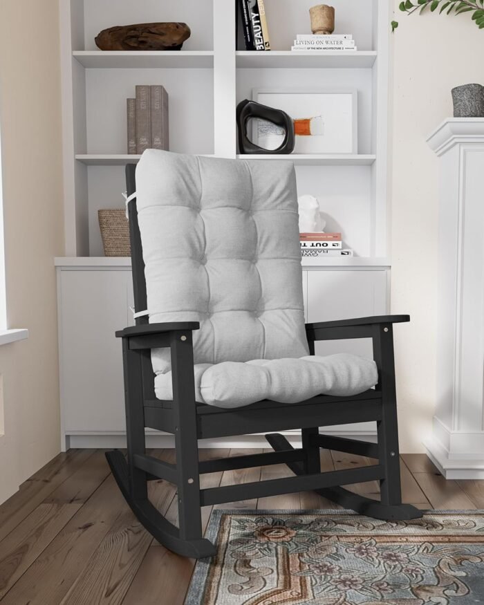 SERWALL SEWALL Oversized Cushioned Outdoor Rocking Chair, HDPE Rocker with Cushion, Patio Rocking Chairs for Porch, Black Chair+Gray Cushion - Image 9