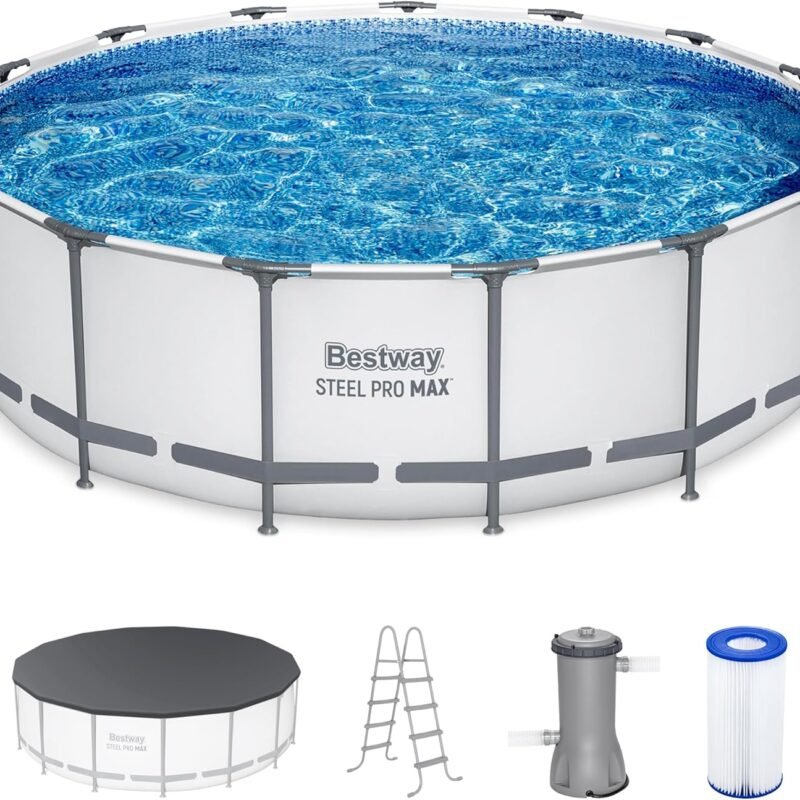 Bestway Steel Pro MAX 15 Foot by 48 Inches Round Above Ground Family Swimming Pool Set Outdoor Steel Frame with Filter, Pump, Ladder, and Cover, Gray