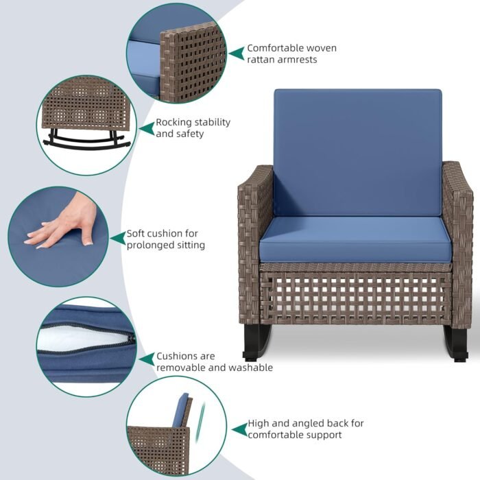 YITAHOME 3 Pieces Patio Furniture Set, Patio Wicker Chairs Outdoor Rocking Chairs Set of 2 with Rattan Side Table, Thickened Cushions, Rocker Patio Chairs Set for Porch, Poolside, and Yard, Blue - Image 5