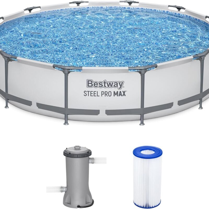 Bestway Steel Pro MAX 12 Foot by 30 Inch Round Above Ground Swimming Pool Set Outdoor Metal Frame Family Pool with Filter Pump, Gray