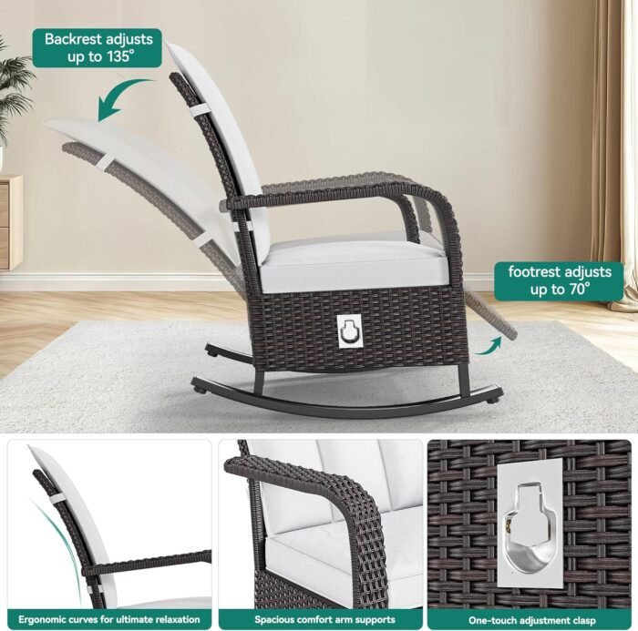 YITAHOME Outdoor Rocking Chair, Wicker Lounge Chair with Adjustment Backrest, PE Rattan Patio Recliner with Adjustable Footrest and Soft Cushions, Ideal for Garden Backyard Porch Patio - Image 4