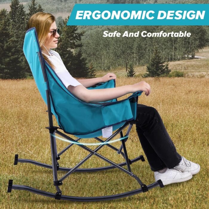 350lbs Rocking Camping Chair, Oversized Fully Padded Patio Chair Lawn Chairs With Cooler Bag Headrest and Cup Holder Rocking Chair Outdoor Folding Chairs For Outside Camping Contest(BlueGreen) - Image 5