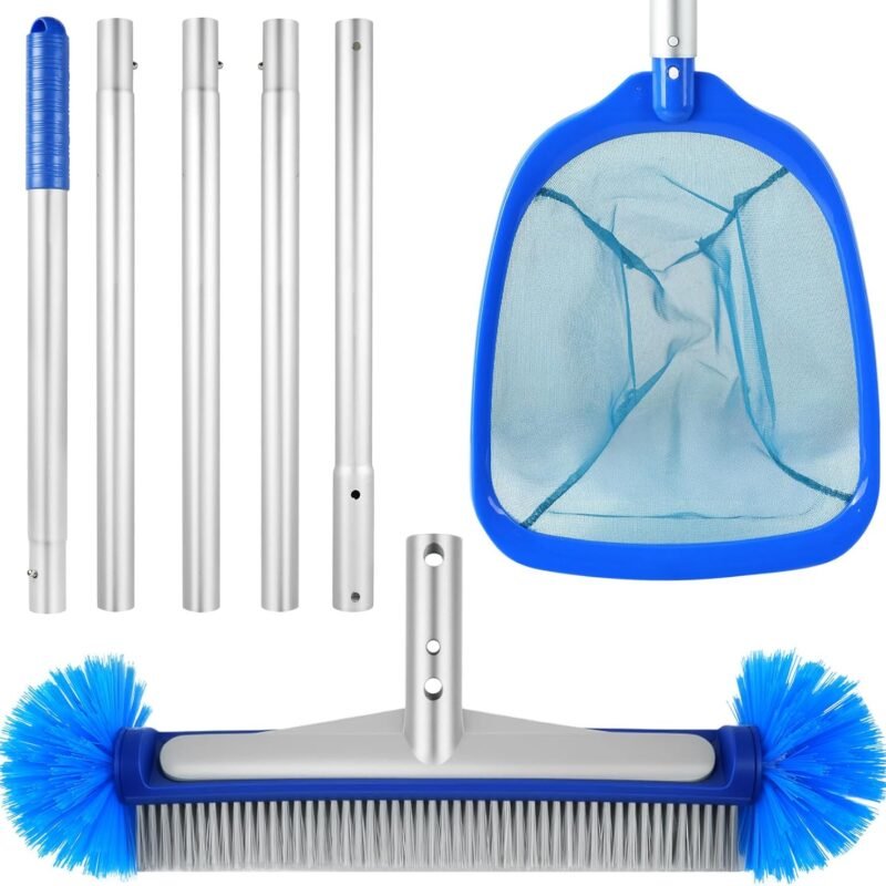 3PCS Swimming Pool Cleaning Kit, Pool Cleaning Tools with 17”Round Pool Brush and Half-Deep Fine Mesh Pool Leaf Skimmer Net & Aluminum Pole 5-Segment for Above Ground Pools, Ponds, Spas, Hot Tubs