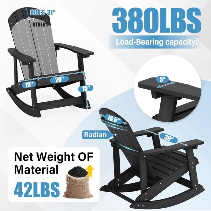 YEFU Outdoor Rocking Chairs Set of 2,Adirondack Rocking Chairs,Patio Rocker Chair with Wide Back,Oversized Rocker Chair, Look Like Real Wood, for Lawn, Porch, Backyard, Indoor and Garden(Black) - Image 3