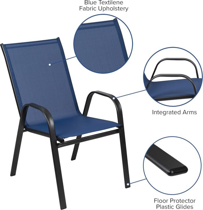 Flash Furniture Brazos Series Outdoor Stackable Patio Chairs with Flex Comfort Material, Stacking Outdoor Modern Sling Patio Chairs, Set of 4, Navy - Image 5
